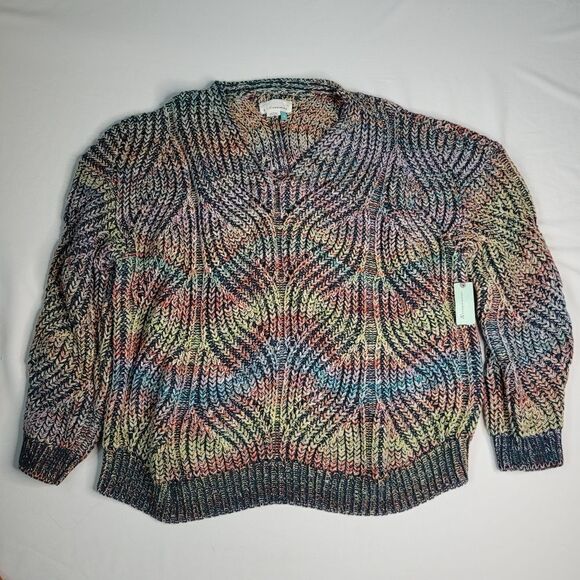 NEW 3X ANTHROPOLOGIE rainbow weave vneck cotton blend oversized sweater NWT - Picture 9 of 16